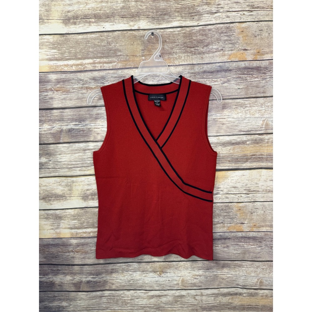 Cable & Gauge Red Sleeveless Faux Wrap V-Neck Sweater Top Black Trim M Medium - Picture 3 of 7